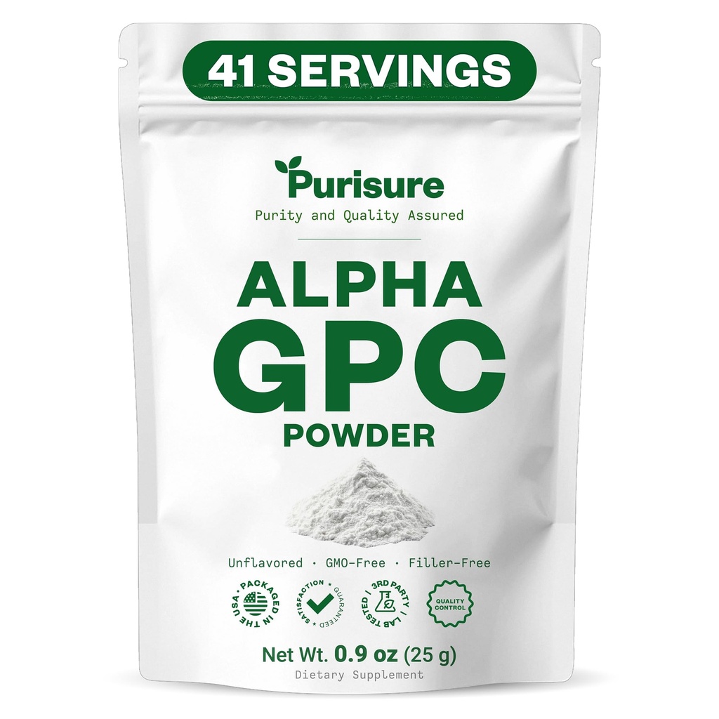 Purisure Alpha GPC Powder, 25 g, Pure Alpha GPC Choline Supplement for Brain and Focus, CDP Choline Supplements for Memory Performance & Recentration, No Fillers, Non-GMO, Offers 42 Servings