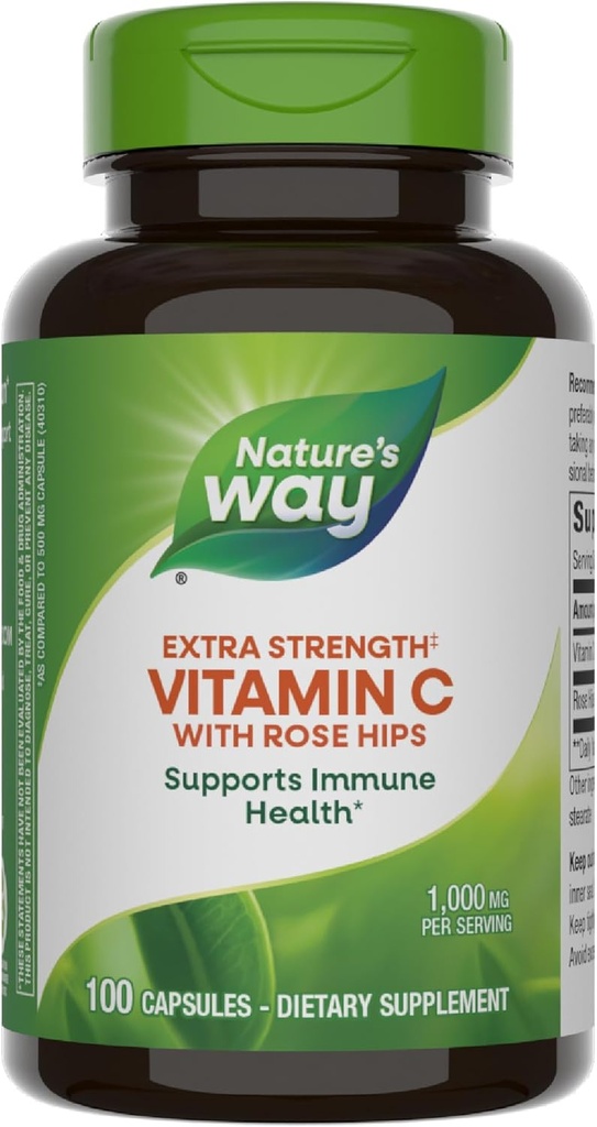 Nature's Way Extra Strength(1) Vitamin C with Rose HIPS, Supports Immune Health*, Collagen Production*, High Potency Vitamin C, 100 Capsules (Packaging May Vary)