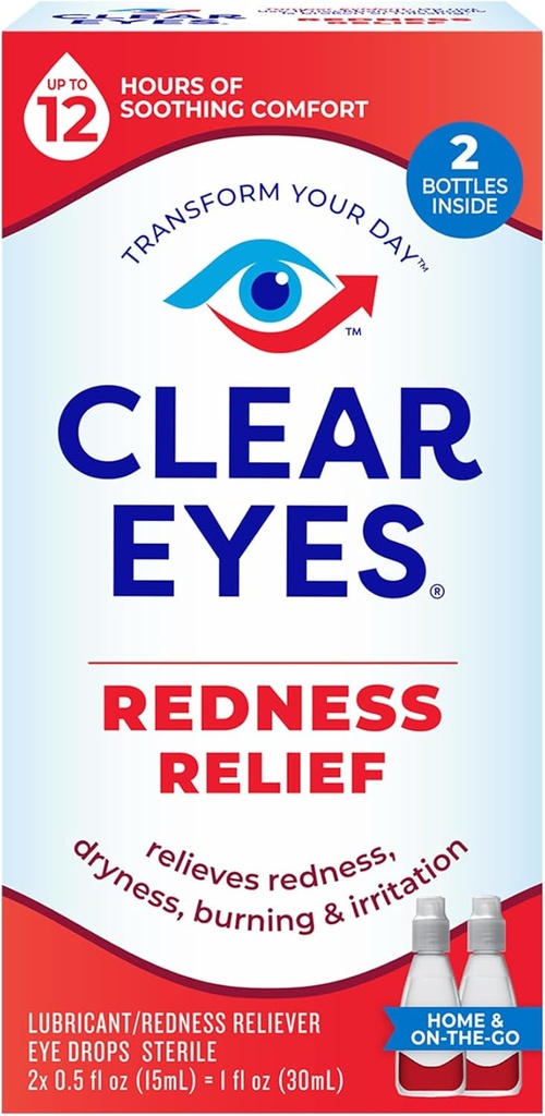 Clear Eyes Redness Relief Eye Drops, Whiten Eyes ve Relieve Kuruness, Yan ve Irritation, 2 x 0,5 Fl Oz, Twin Pack
