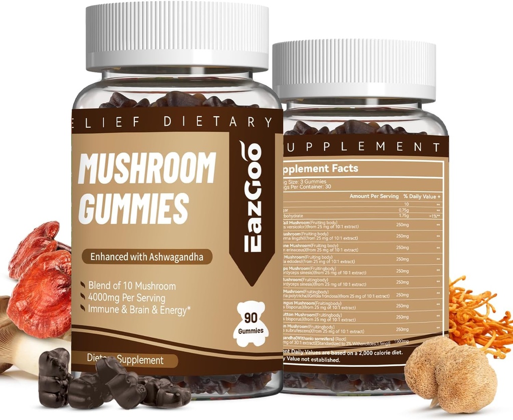 Mushroom Gummies Supplement - Ashwagandha, Lions Mane, Shitake Mushrooms, Türkiye Tail, Chaga ve Cordyceps Mushroom for Immune Health, Mood & Stress Support (180 Gummies)