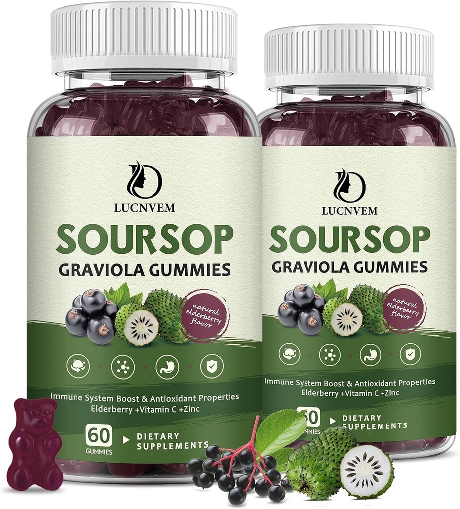 Organic Soursop Graviola Gummies, Soursop Extract with Elderberry Rich in Multivitamin for Natural Antioxidant, Cell Support & Regeneration, Immune Boost and Skin, Vegan- 60 Day Supply