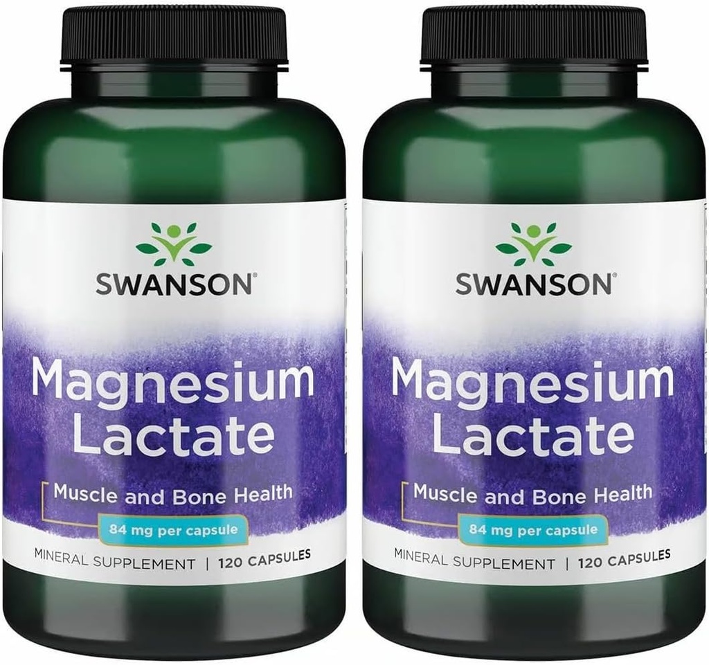 Swanson Magnezyum Lactate - Mineral Ekleme Kas ve Bone Health Support - Lactose-Free Lactate Mineral Formu - (120 Capsules, 84 mg Her) 2 Pack