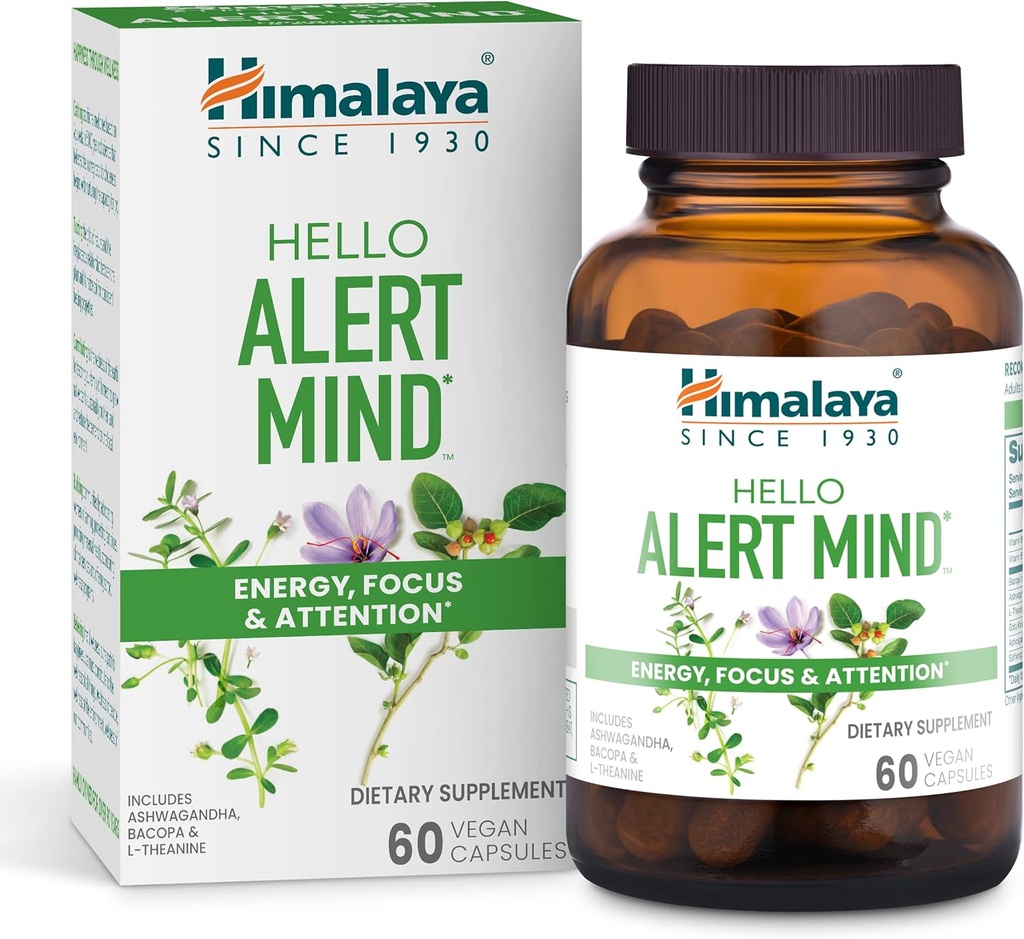 Himalaya Hello Alert Mind with L-Theanine, Ashwagandha, Bacopa, Vitamin B6 & B12, for Energy, Focus & Attention, Vegan, Gluten Free, 60 Capsules