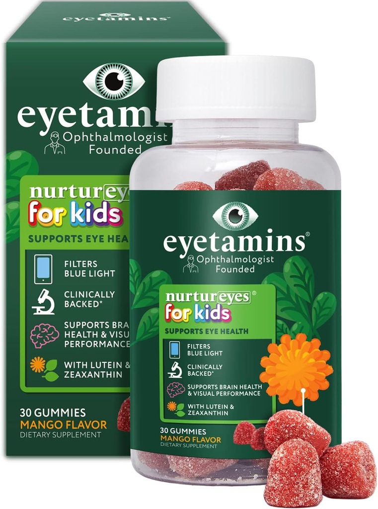 eyetamins Nurtureyes Eye Health Gummy for Kids - 30 Easy-to-Chew, Mango Gummies - Ophthalmologist- Created Kids Eye Vitamins - Natural, Vegan, and Non-GMO Formula