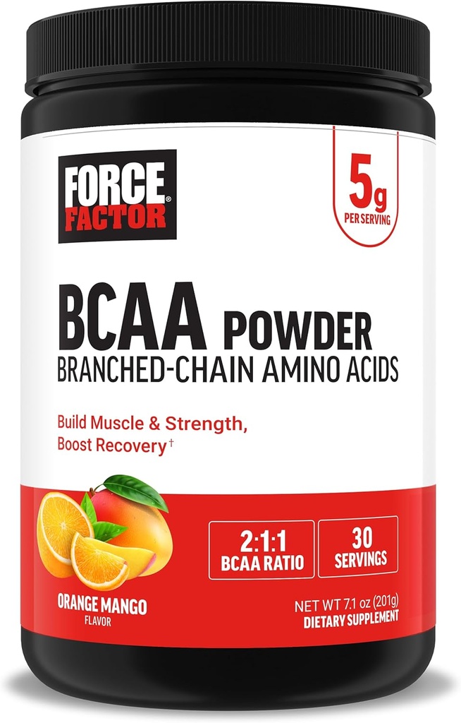 Force Factor BCAA Amino Acids Συμπλήρωμα 2:1:1, Delicious and Refreshing BCAA σκόνη για την υποστήριξη της αποκατάστασης και της απόδοσης των μυών, Δεν τεχνητά χρώματα ή γεύσεις, Orange Mango, 30 εξυπηρετούν