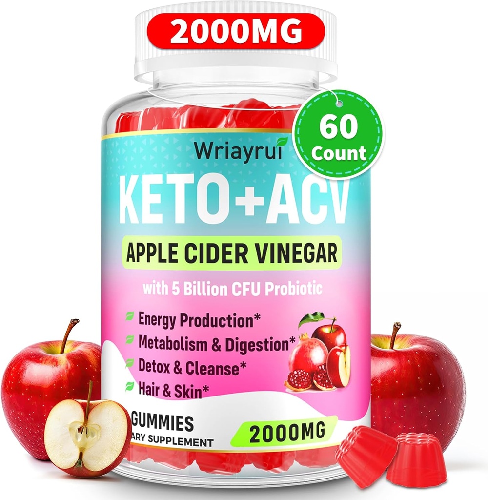 Apple Cider Vinegar Gummies, Fast Ripped Keto ACV Gummies, Max Strength 2000 mg, Green Tea, B6 & B12, Probiyotiks, ACV for Metabolism, Digestion, Detox & Cleanse, 60 Counts