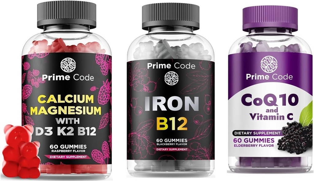 Kadın ve Erkekler için Magnezyum Vitamin B12 Vitamin K2 & Vitamin D3, Kadınlar ve Erkekler için Demir Gummies, [2 in 1] CoQ10 200 mg & Vitamin C