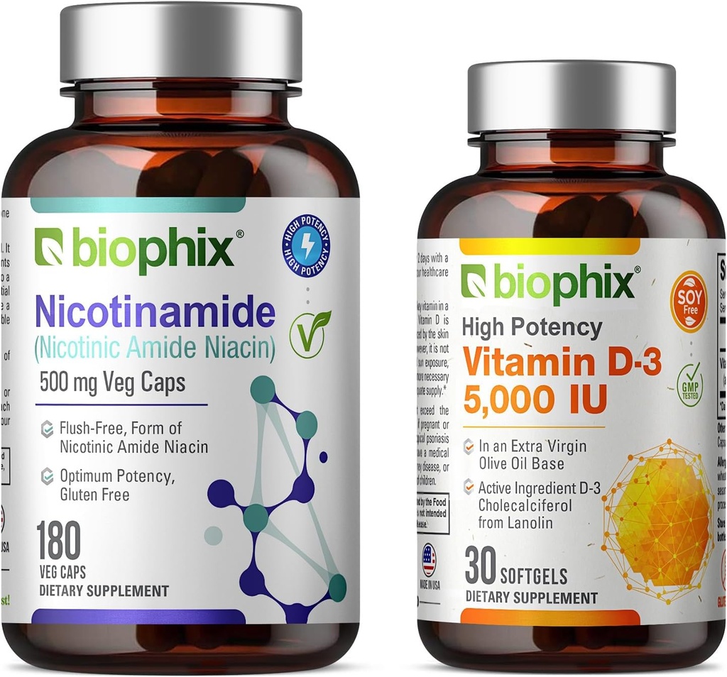 biophix B-3 Nicotinamide 500 mg 180 Vcaps Plus Δωρεάν βιταμίνη D-3 5000 IU 30 Softgels - Νικοτινικό αμίδιο Νιασίνη Φυσικό Flush-Free Vitamin Formula - Υποστηρίζει την υγεία των κυττάρων του δέρματος