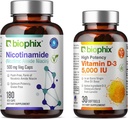 Biophix B-3 Nicotinamid 500 mg 180 Vcaps Plus Ücretsiz Vitamin D-3 5000 IU 30 Softgels - Nicotinic Amide Niacin Natural Flush-Free Vitamin Formula - Supports Skin Cell Health
