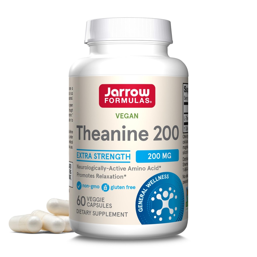 Jarow Formulas Extra Strength Theanine 200 mg, Συμπλήρωμα διατροφής που προάγει την χαλάρωση, Amino συμπλήρωμα οξέος για την υποστήριξη χαλάρωσης, 60 κάψουλες λαχανικών, 60 ημέρες προσφοράς