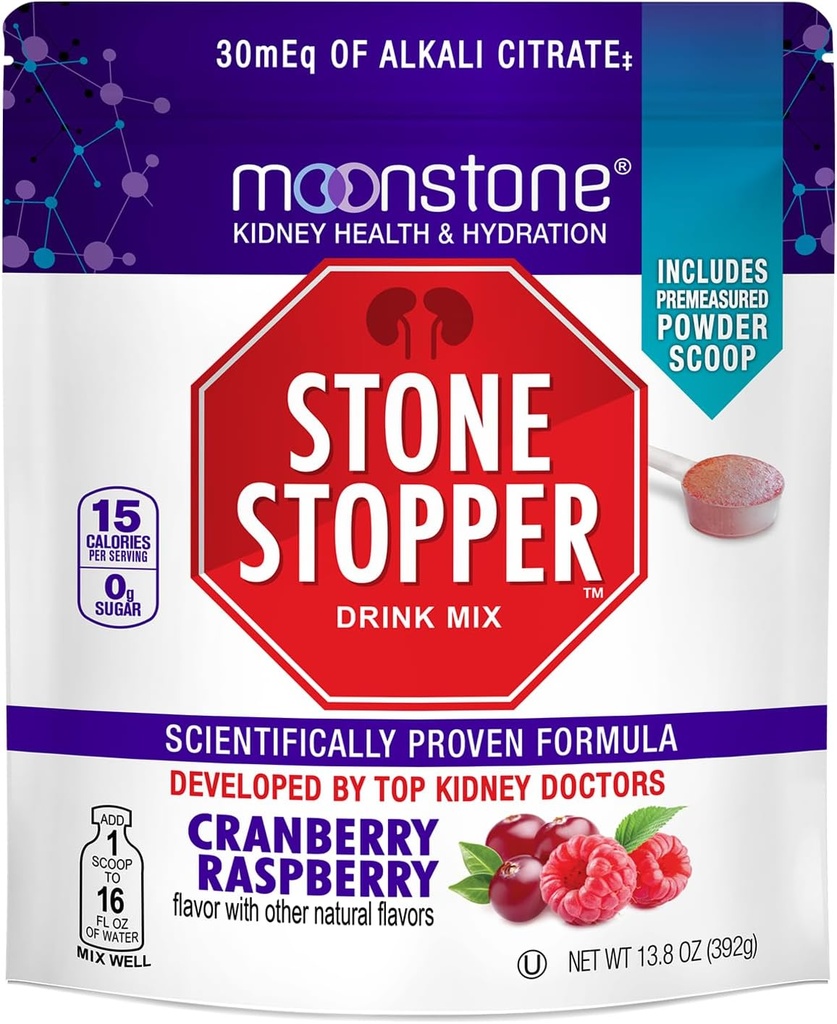 Moonstone Stone Stopper Drink Mix, Cranberry Raspberry, Kidney Stone Prevention, Food Oxalate Protector, Urologists tarafından Hydration ve Support Kidney Health, 30 Day Supply