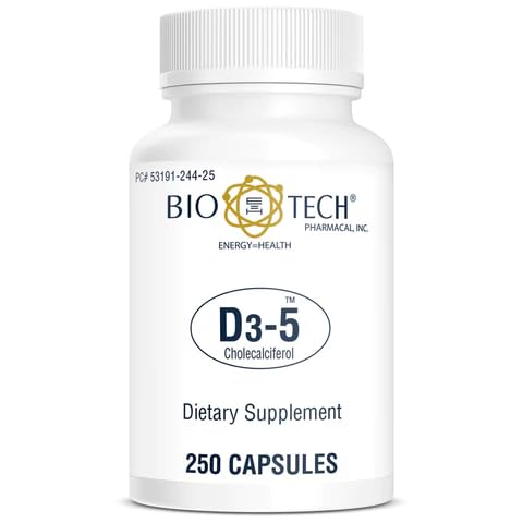 Bio-Tech Pharmacal D3-5 (5000 IU), 250 Capsules – All-Doğal Supplement – Supports Bone & Immune Health – No Dairy, Fish, Gluten, Peanut, Shellfish, & Soy – Yapay Renkler Yok