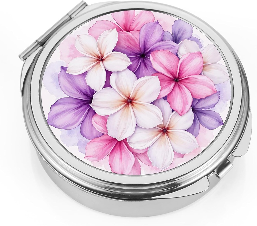 Dynippy Pill Case Pill Box with Mirror Pocket 3 Karşılaştırmalı Tıp Davası Pill Organizer for Pocket Purse and Travel (Round, Silver-BloomBurst)