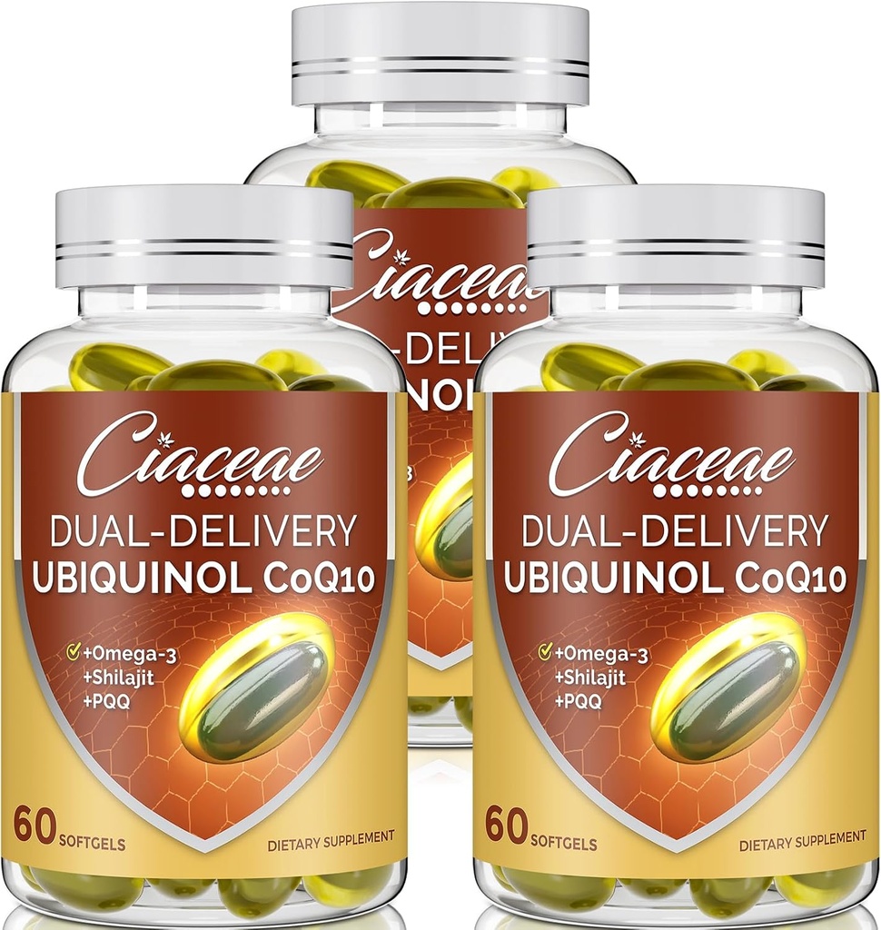 Ubiquinol CoQ10 600 MG Softgels with Omega-3 & Shilajit & PQ, Advanced Dual-Delivery Coenzyme-Q10, Active CoQ10 Ubiquinol Supplement for Fertness, Antioksi, Heart, Brain & Energy, 180 Servisler