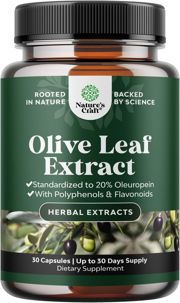 Potent Olive Leaf Extract Capsules - High Strength Antioxidant Supplement with Pure Olive Leaf with 20% Oleuropein - Herbal Heart Health Supplement - Vegan Non-GMO & Gluten Free (1 Month Supply)