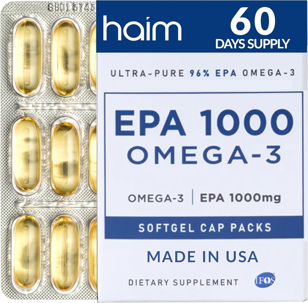 HAIM EPA1000 - Yüksek Yeterlilik EPA Balık Yağı Tamamı - 1,100 mg Omega-3 Kalp, Beyin ve Ortak Sağlık - İlaç-Grade Softgels - Pure, Burpless Capsules - 60 Softgels - ABD'de Yapılan