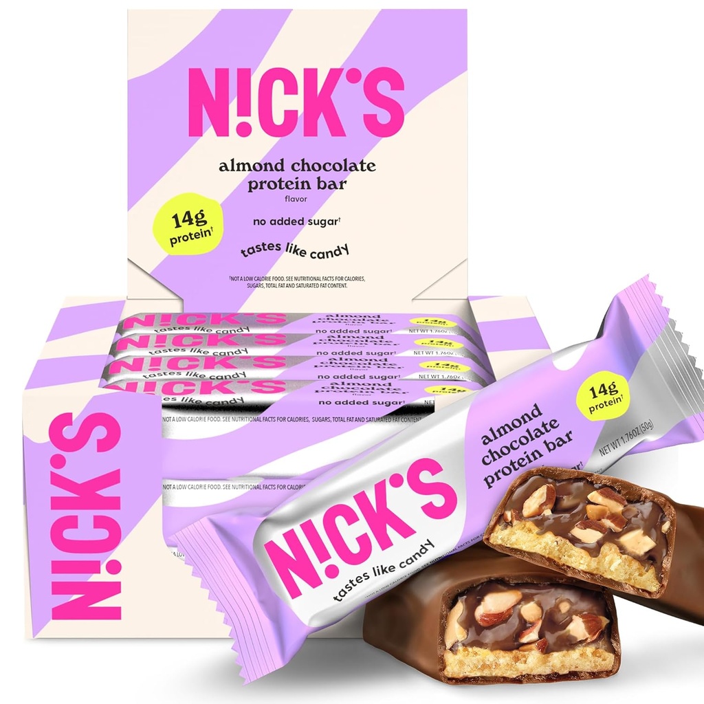 Nick'in protein Bars Chocolate | Yüksek Protein | Lowzis | Low Carb Keto Friendly Snacks No add Sugar (Multipack 12 bar x 50g) (12 Kont (kampiyon 1), Almond)