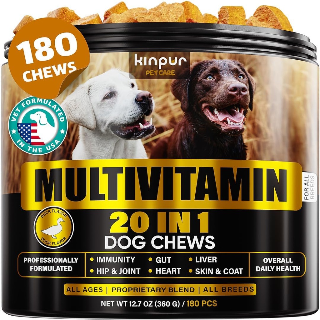 20in-1 Dog Multivitamin Supplements - Immunity, Digestion, Ortak ve Kalp Sağlığı Desteği - Biotin ile Doğal Köpek Vitaminleri, Köpekler için Glucosamine - 180 Chews