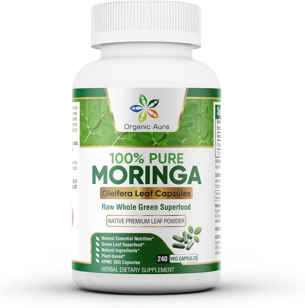 Organik Aura Moringa Capsules - 240 Ct Toptan Paketi. Enerji için gerçek Raw Moringa Leaf Supplement, Metabolism, Lactation, Immunity & Joint Health. Tüm Yeşil Süper Gıda Beslenmesini Bırakır.