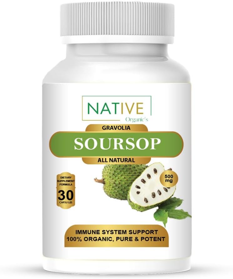Κάψουλες Organic Soursop Graviola - Υγιεινή ανάπτυξη κυττάρων & ανοσοποιητική υγεία - Απαραίτητα Αντιοξειδωτικά & Ορυκτά - Εκχύλισμα φύλλων, φρούτων και σπόρων - 30 κάψουλες Vegan (500 mg)