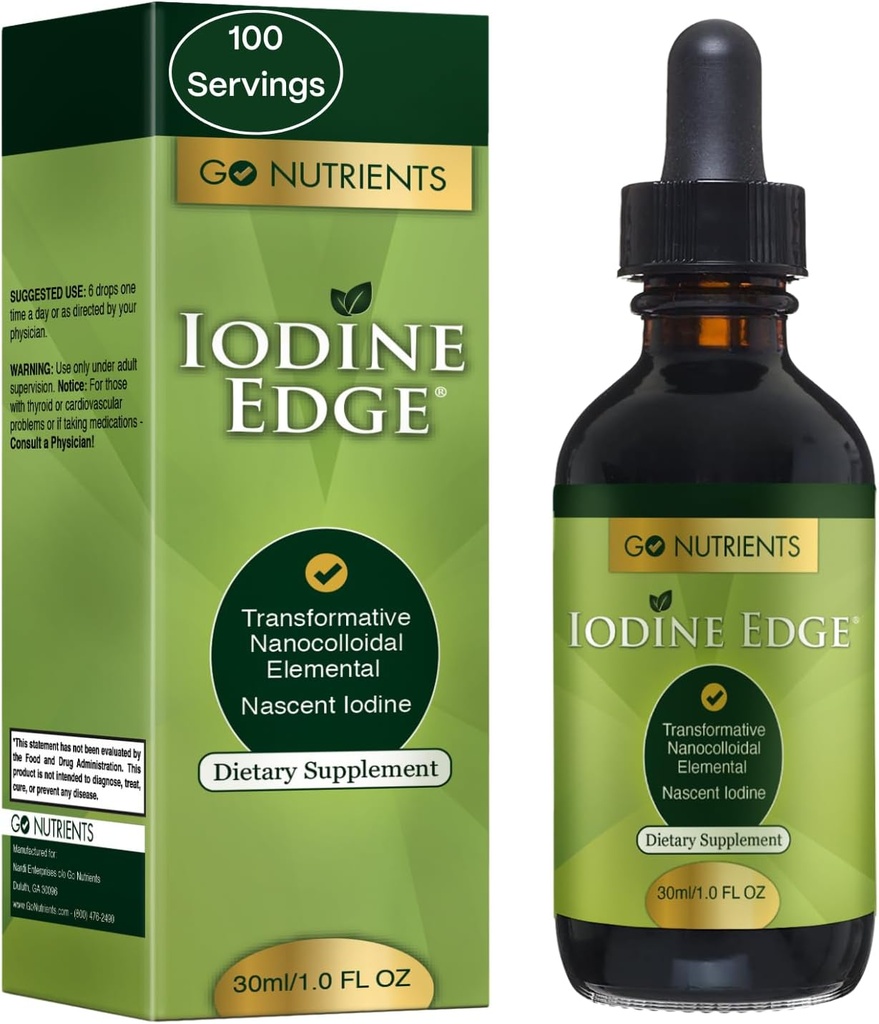 Go Nutrients Iodine Edge – Organik Nascent Iodine Liquid Supplement for Yourroid Support, Energy, Immune & Cognitive Health – High Abxia Drops - Natural Tincture for Women & Men – 1 ozz