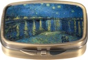 Dynippy Pill Case Pill Box with Mirror Retro Pocket 2 Karşılaştırmalı Tıp Davası Pill Organizer for Pocket Purse and Travel (A-Starry Night Over The Rhone)