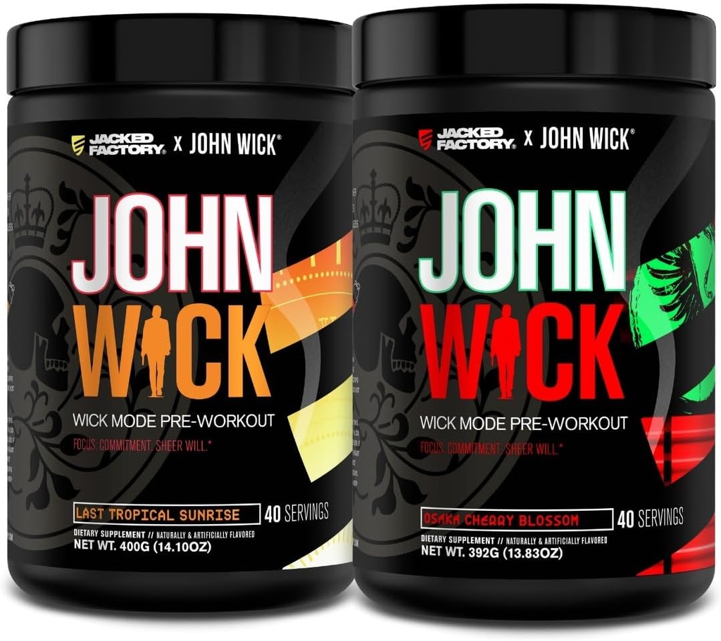 Jacked Factory X John Wick - Wick Mode Pre Workout Powder - Intense Energy, Battle-Ready Focus, Unstoppable Commitment, and Sheer Will - Last Tropical Sunrise & Osaka Cherry Blossom (80 Servings)