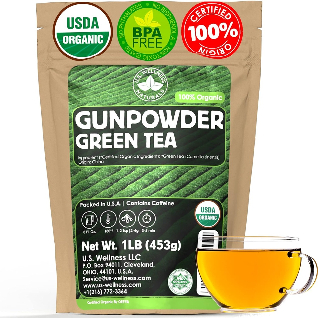 U.S. Wellness Naturals Organic Gunpowder Green Tea | Loose Leaf | Premium Quality | 100% sertifikalı Organik Yeşil Çay |16oz/453g | 200+ Cups