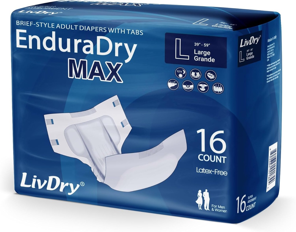 LivDry EnduraDry Max Adult Diapers with Tabs, Up to 12 Hours, Super Absorbent Incontinence Underwear, Leak Protection Briefs, Large, 16-Pack