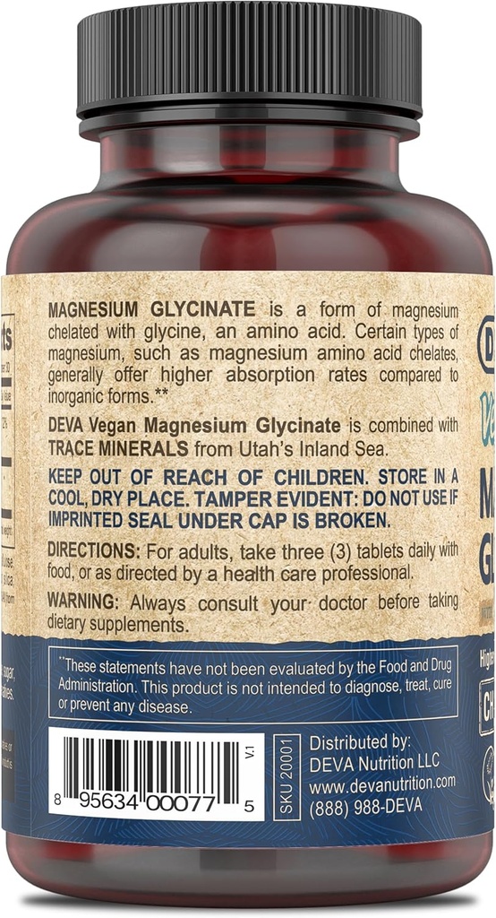 DEVA Vegan Μαγνήσιο Γλυκινικό 300mg ανά μερίδα με Trace Minerals, Υψηλότερη Απορρόφηση, Χηλικό Μαγνήσιο, 90 Δισκία (Pack of 2)