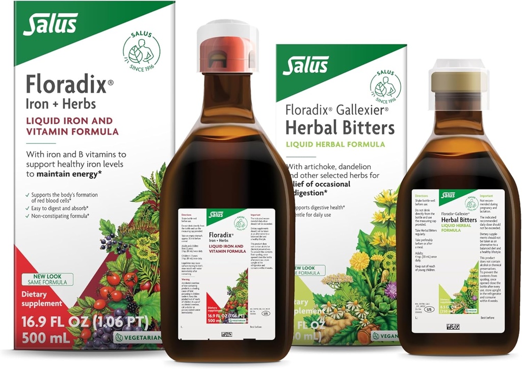Salus Gallexier Herbal Bitters (8.5 oz) & Iron & Herbs (16.9 oz) Sche - Herbal Bitter for Digestive Support* - Sağlıklı Enerji Desteği için Demir Supplement*