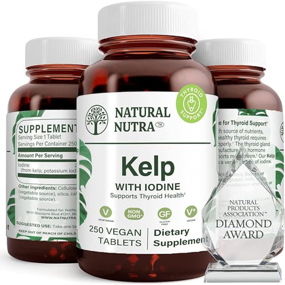 Doğal Nutra Kelp Iodine Yourroid Support Supplement, Immune System ve Regulates Metabolism, Vegan Sea Kelp, Non GMO, Atlantic Sourced Seaweed Ekstraksiyon, 225 mcg, 250 Tablet (Pack of 2)