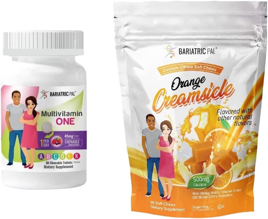 BariatricPal 30-Day Bariatric Vitamin Bundle (Πολυβιταμίνη 1 ανά ημέρα! Μασώμενα με 45mg σίδηρο - μικτό μούρο και κιτρικό ασβέστιο μαλακά μάσημα 500mg με προβιοτικά - κρέμα πορτοκάλι)