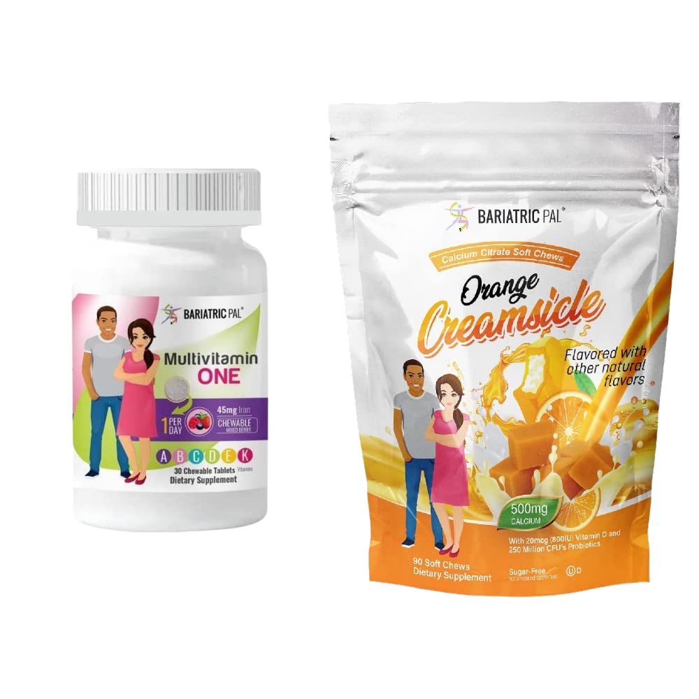 BariatricPal 30-Day Bariatric Vitamin Bundle (Multivitamin ONE 1 per Day! Chewable with 45mg Iron - Mixed Berry and Calcium Citrate Soft Chews 500mg with Probiotics - Orange Creamsicle)