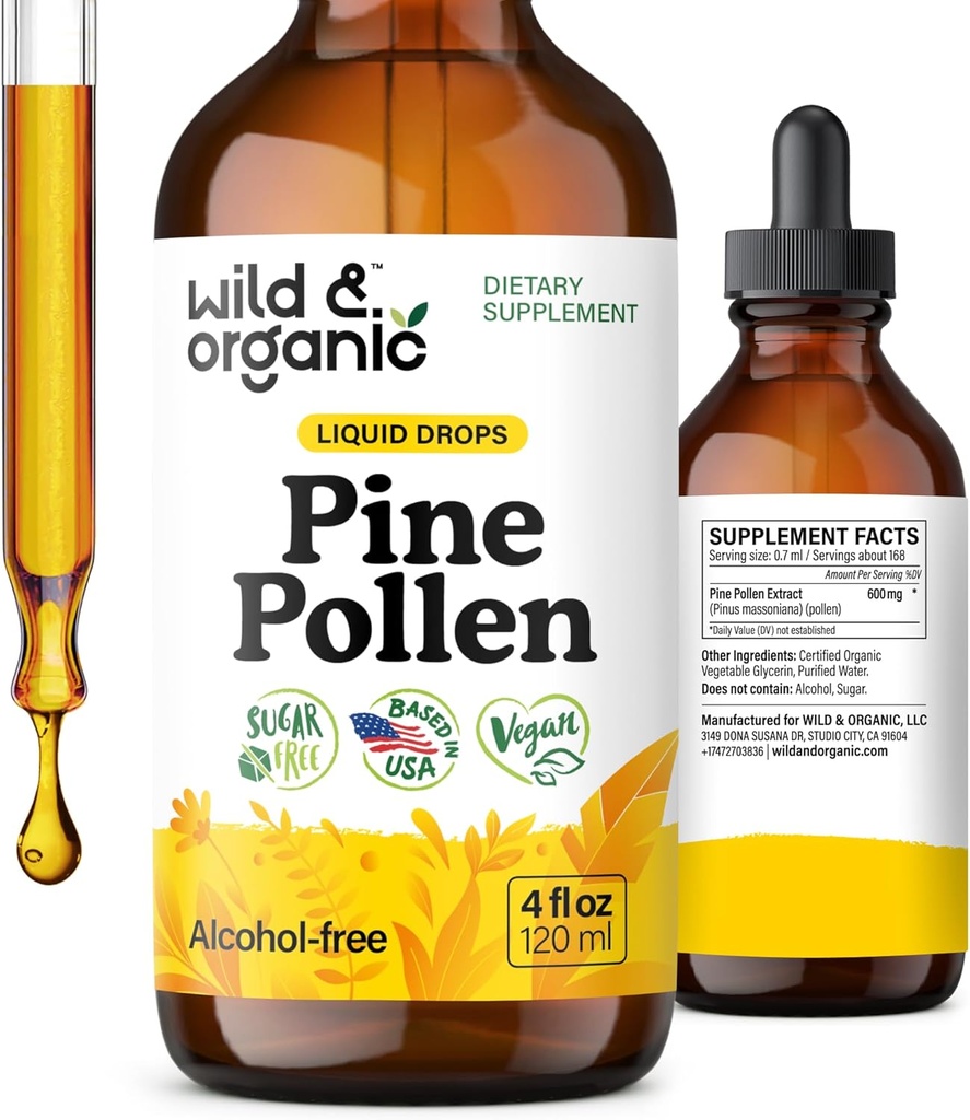 Άγρια & οργανικά Pine Pollen Βάμμα - Pine Pollen Σκόνη Υγρές σταγόνες για άνδρες & γυναίκες - Vegan, Ζάχαρη & Αλκοόλ-ελεύθερο συμπλήρωμα - 4 fl oz