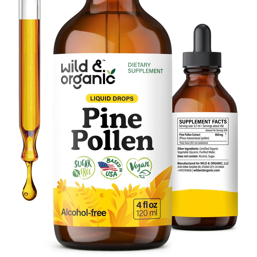 Wild & Organic Pine Pollen Tincture - Pine Pollen Toz Ölçeği Erkekler ve Kadınlar - Vegan, Şeker & Alkol Özgür Tamam - 4 fl oz