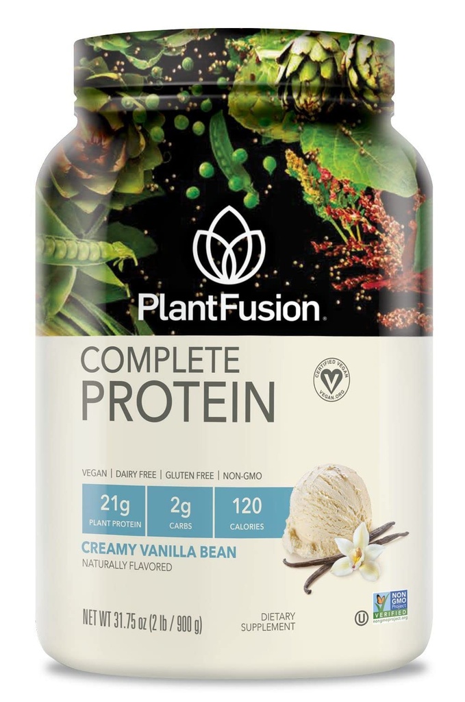 PlantFusion Complete Vegan Protein Toz - BCAAs, Digestive Enzymes and Pea Protein - Keto, Gluten Free, Soy Free, Non-Dairy, No Sugar, Non-GMO - Vanilla Bean 2 lb