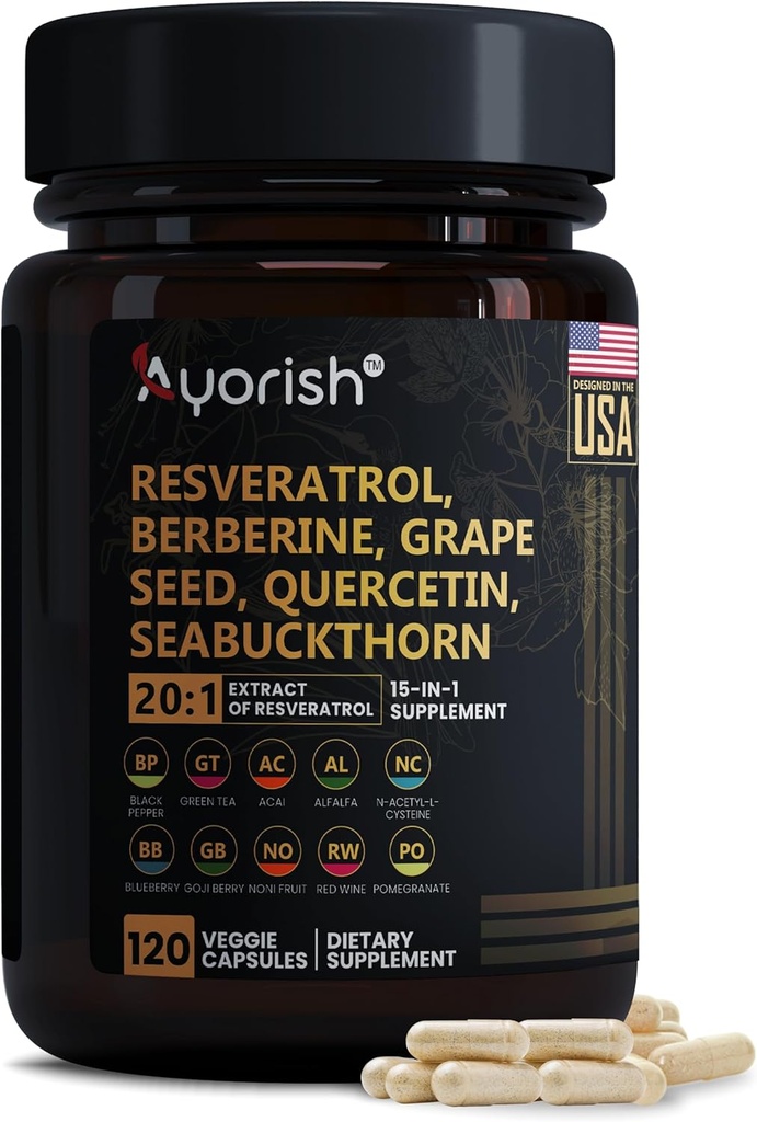 Resveratrol Tamam | Berberine Grape Tohum alıntı Quercetin Green Tea Extract Acai Noni Polyol Supplement for Women & Men, N-Acetyl Cysteine NAD ATM 120 Count