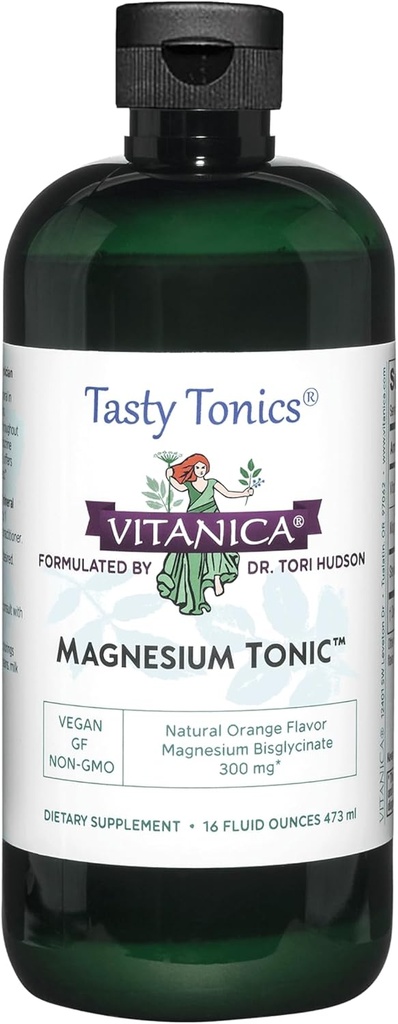 Vitanica Magnesium Tonic, Liquid Magnesium Bisglycinate Chelate 300 mg with Vitamin B6, Dr Formulated Supplement, Orange Flavor, Vegan, Gluten Free and Non-GMO,16 fl oz