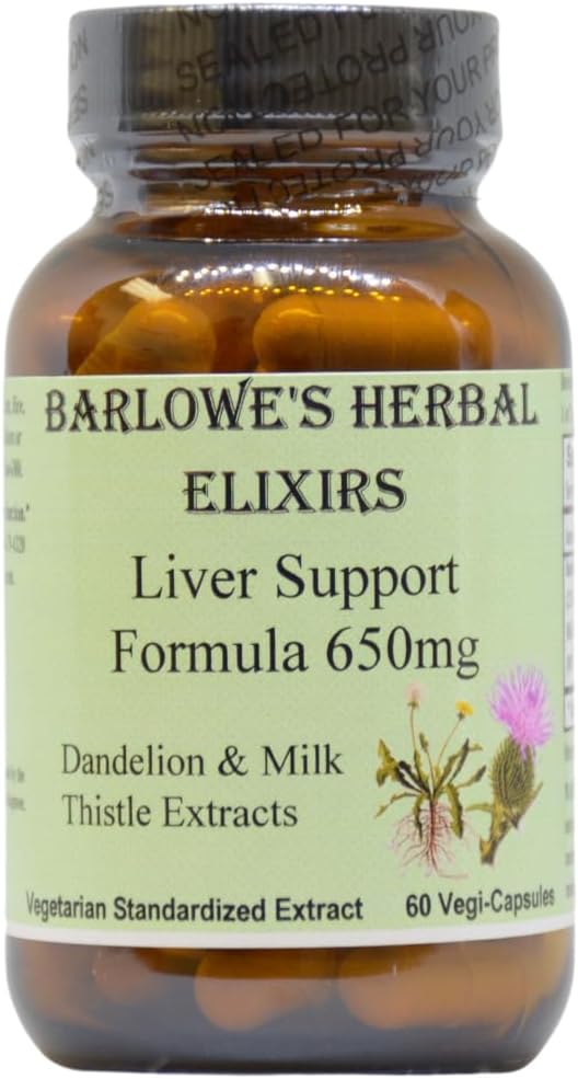 Barlowe's Herbal Elixirs Liver Support Formula | Dandelion Root & Milk Butle Extract | 650 mg Per Capsule | 60 Vegan Capsules | Stearate-Free, Glass Şişed
