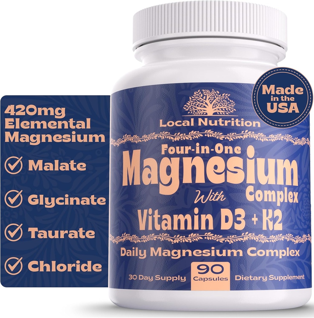 4-in-1 Magnezyum Kompleksi D3 K2 Vitamini ile 420 mg - Mala Magnezyumte ile Premium Supplement, Bisglycinate (Glycinate), Taurate ve Chloride - ABD'de Yapılan 90 Capsules
