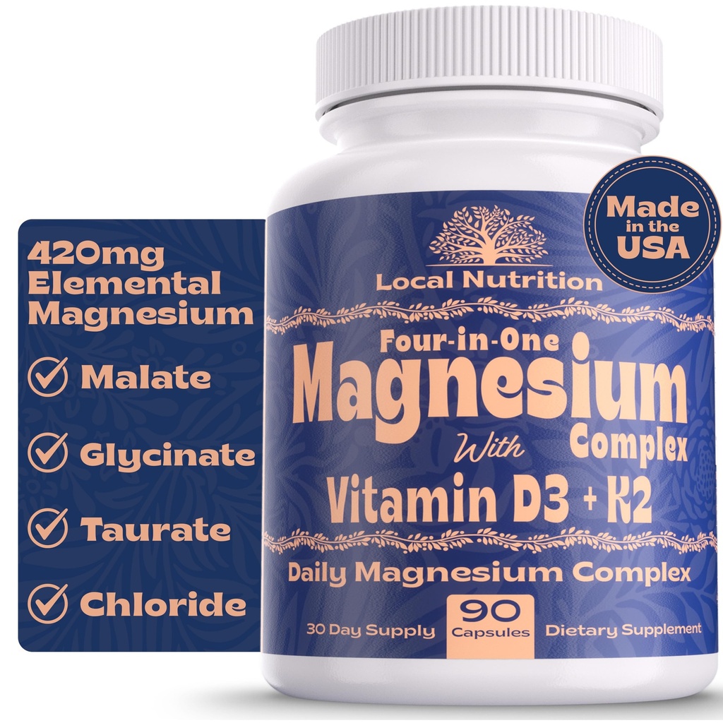 4-in-1 Magnezyum Kompleksi D3 K2 Vitamini ile 420 mg - Mala Magnezyumte ile Premium Supplement, Bisglycinate (Glycinate), Taurate ve Chloride - ABD'de Yapılan 90 Capsules