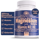 4-in-1 Magnezyum Kompleksi D3 K2 Vitamini ile 420 mg - Mala Magnezyumte ile Premium Supplement, Bisglycinate (Glycinate), Taurate ve Chloride - ABD'de Yapılan 90 Capsules