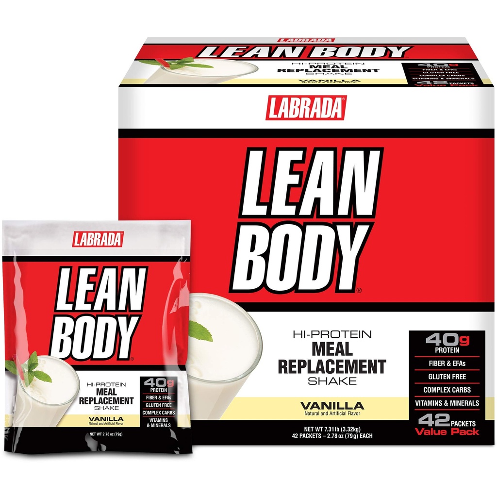 Labrada Lean Body MRP All-In-One Vanilla Mealchange Shake, 40g protein, Whey Mix, 8g Health Fats EFA's & Fiber, 22 Vitamins ve Mineraller , yapay renk, Gluten Free,42 Packets)