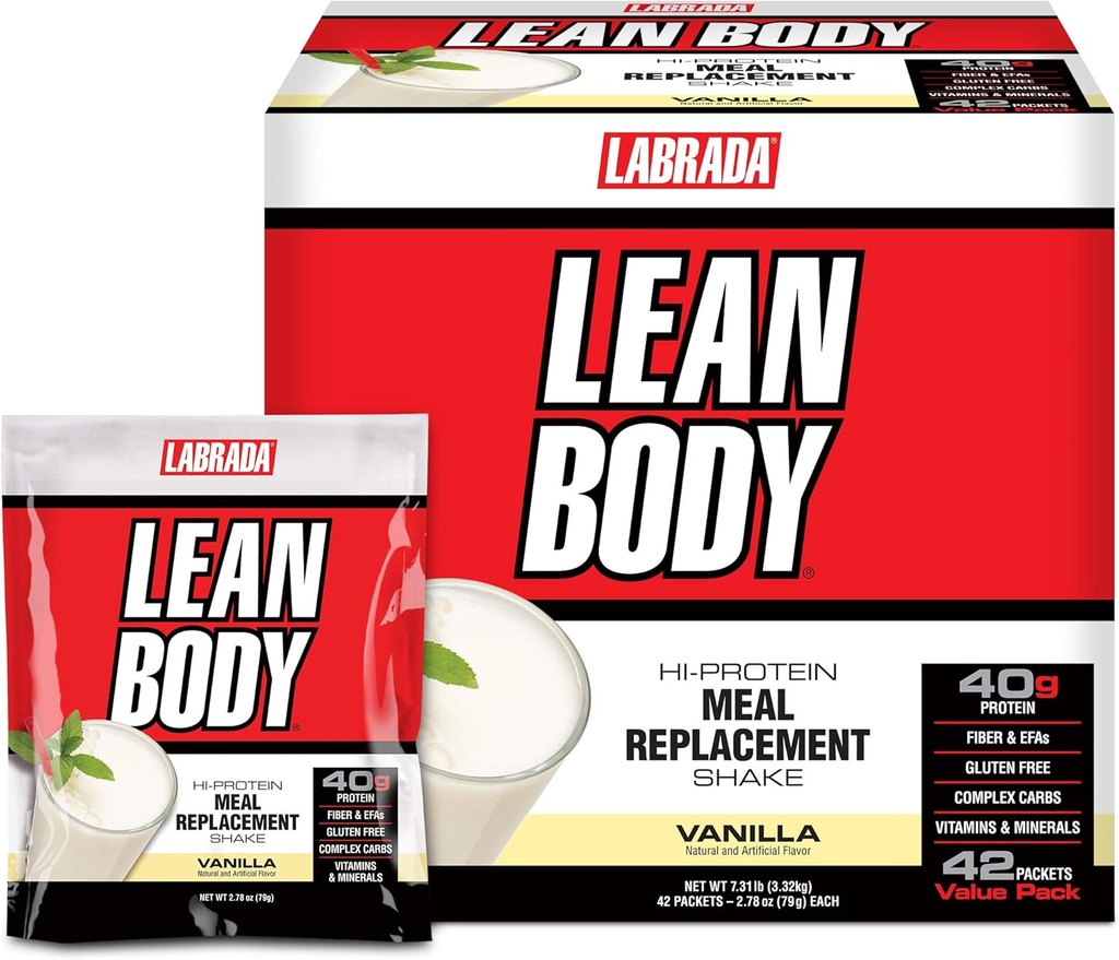 Labrada Lean Body MRP All-In-One Vanilla Mealchange Shake, 40g protein, Whey Mix, 8g Health Fats EFA's & Fiber, 22 Vitamins ve Mineraller , yapay renk, Gluten Free,42 Packets)