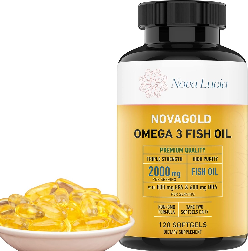 NovaGold Omega 3 Fish Oil – 2000mg High Strength EPA DHA Supplement – Burpless, Easy to Swallow Softgels – Supports Heart, Brain, Joints, Immune & Skin – Non-GMO – 120 Liquid Capsules