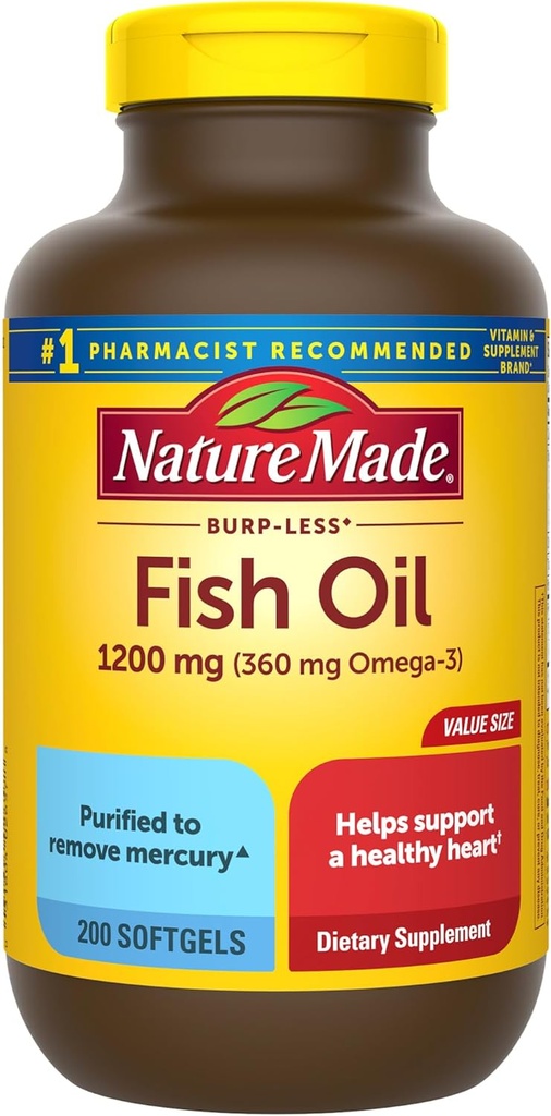 Nature Made Burp Less Fish Oil Omega 3 Supplements, 1200 mg Softgels, Omega 3 Fish Oil for Health Heart Support, 200 Softgels, 100 Day Supply Supply