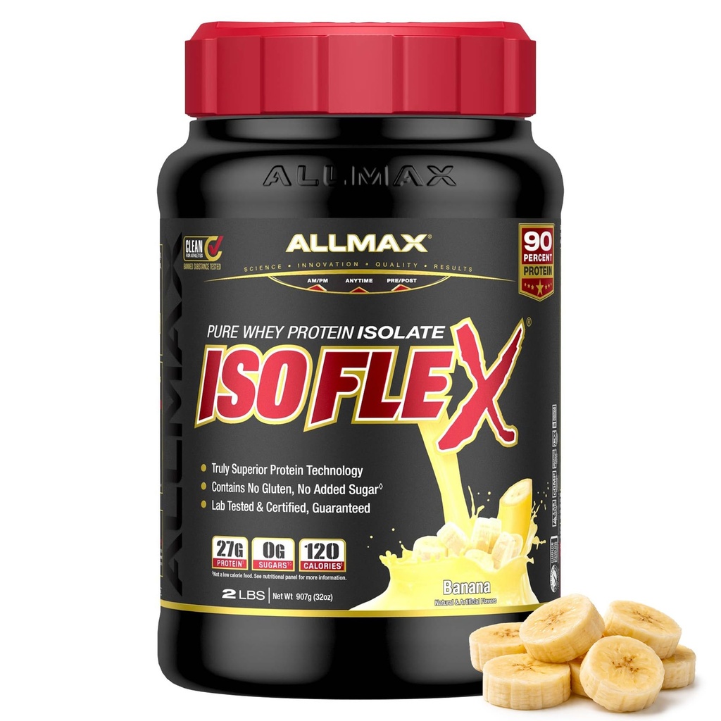 ALLMAX Διατροφή ISOFLEX Whey Protein Isolate, Banana - 2 lb - 27 γραμμάρια πρωτεΐνης ανά Scoop - Zero Fat & Sugar - 99% Χωρίς λακτόζη - Χωρίς γλουτένη & χωρίς σόγια - Κατά προσέγγιση 30 Σερβιέτες