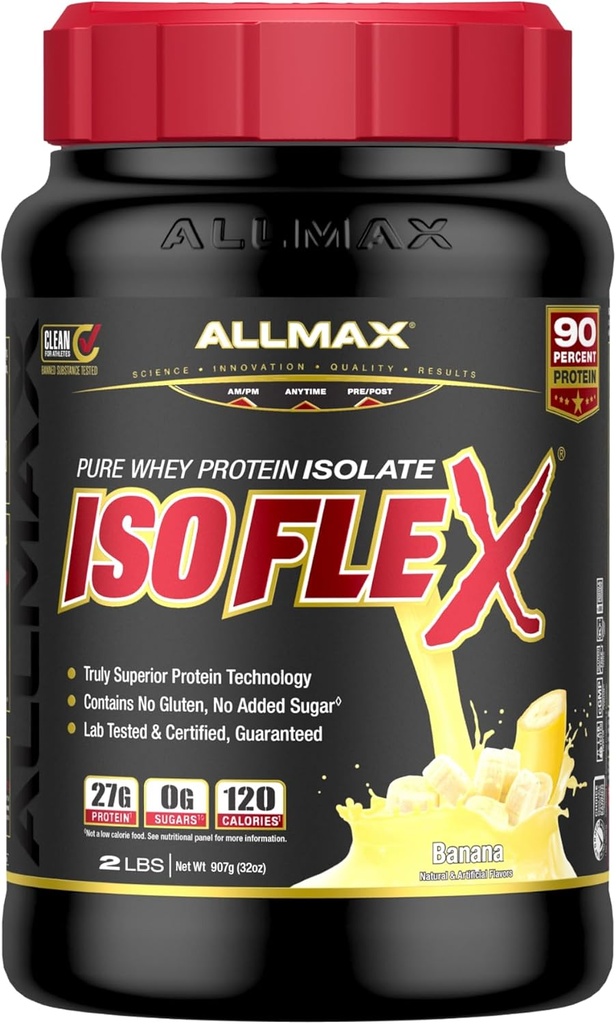 ALLMAX Διατροφή ISOFLEX Whey Protein Isolate, Banana - 2 lb - 27 γραμμάρια πρωτεΐνης ανά Scoop - Zero Fat & Sugar - 99% Χωρίς λακτόζη - Χωρίς γλουτένη & χωρίς σόγια - Κατά προσέγγιση 30 Σερβιέτες