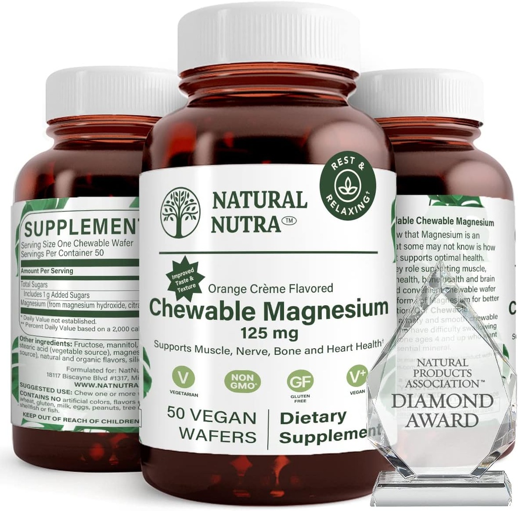 Doğal Nutra Chewable Magnezyum Supplement with Citrate and Chelate for Kids and Yetişkinler, Better Sleep, Best Pure Mag Chew for Muscle, Nerve, Bone, and Heart Health, 125mg, 50 Vegan Wafers